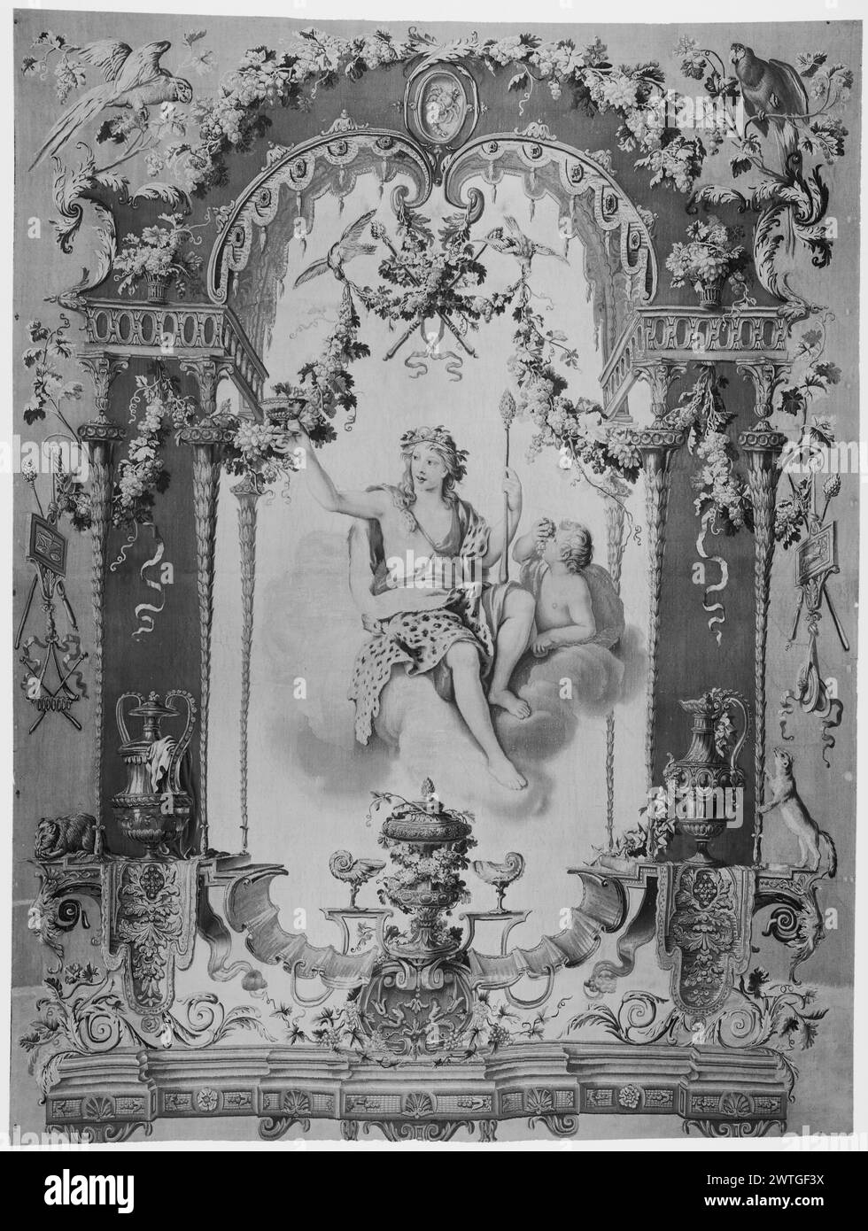 Bacchus (Dionysos). Audran, Claude III. (Französisch, 1658-1734) (gestaltet nach) [Maler] Boulogne, Louis (der Jüngere) (französisch, 1654-1733) (gestaltet nach, Figuren) [Maler] Corneille, Jean-Baptiste (französisch, 1649-1695) (gestaltet nach, Figuren) [Maler] Desportes, Alexandre-Francois (Französisch, 1661-1743) (entworfen nach, Tiere) [Maler] ca. 1700-1800 Gobelin Abmessungen: h 8'9' x B 6'7,5' Gobelin Materialien/Techniken: unbekannt Kultur: französisches Weberzentrum: Paris Besitz Geschichte: Französisch & Co. gekauft von Mrs. Seton Porter, erhalten am 1.04.1949; verkauft an Herrn Alfred Jaeger 12.31.1961. Bacchus h Stockfoto