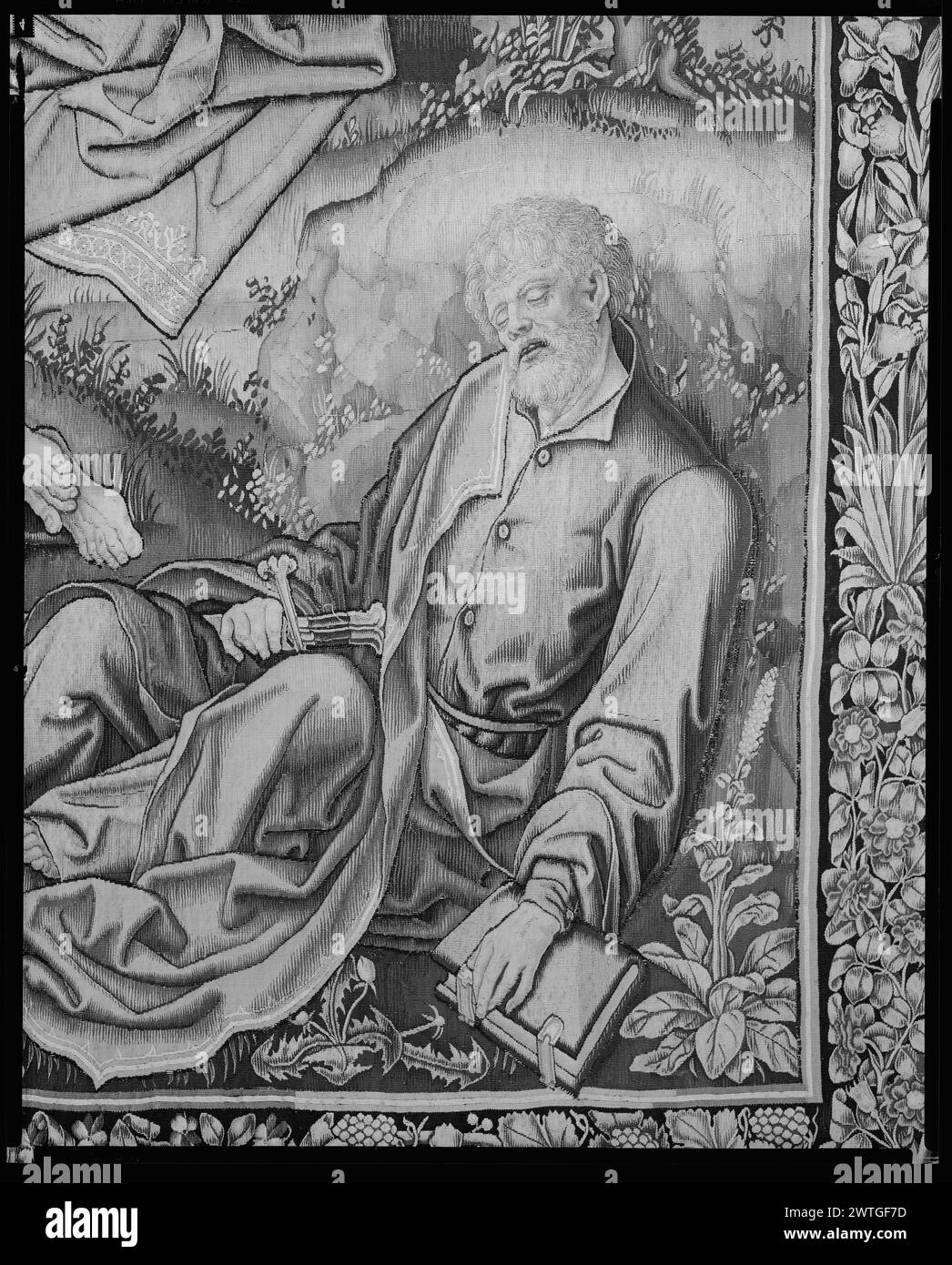 Die Qual Christi. Unbekannt ca. 1520-1530 Wandteppich Abmessungen: H 9'8' x B 7' Wandteppich Materialien/Techniken: Wolle & Seide Kultur: Südniederländische Besitzgeschichte: Herzog von Estremera Coll., Spanien. French & Co. Gekauft von Lionel Harris, Rechnungsstellung 7.12.1928; verkauft Mrs. Percy Straus 29/1928 [SS 32473]. French & Co. Gekauft von Parke-Bernet Galleries (Verkauf in Straus) 13/1945 [SS 43775]. Deutschland, Hamburg, Hamburg, Museum für Kunst und Gewerbe, accno. 1960.107/St.150. Auf dem Ölberg (Oelberg) betet Christus nachts im Garten Gethsemane in der Nähe von 3 Schlafapsoteln; Engel erscheint am Himmel Stockfoto