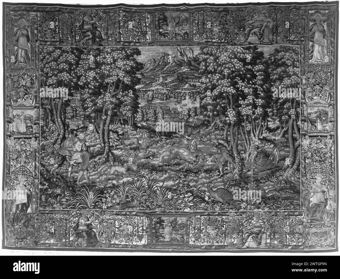 Wildpark mit Ochsen- (oder Stier- oder Büffeljagd) und Waldleuten. Unbekannt ca. 1575-1625 Gobelin Abmessungen: H 10'9' x B 14'10' 10' Gobelin Materialien/Techniken: Unbekannt Kultur: Flämisches Weberzentrum: Brüssel Eigentumsgeschichte: Französisch & Co. Stockfoto