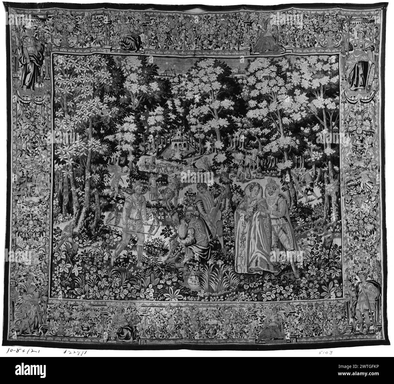 Spielpark mit edlen Paaren und Dienern. Unbekannt ca. 1590-1600 Wandteppich Abmessungen: H 8'10' x B 12'1' Wandteppich Materialien/Techniken: Unbekannt Kultur: Flämisches Webzentrum: Brüsseler Besitz Geschichte: French & Co. Gekauft von American Art Association, Nr. 712 (Charles-Verkauf) im Jahr 1920; verkauft an Mrs. Dreicer 2/1/1920. Stockfoto