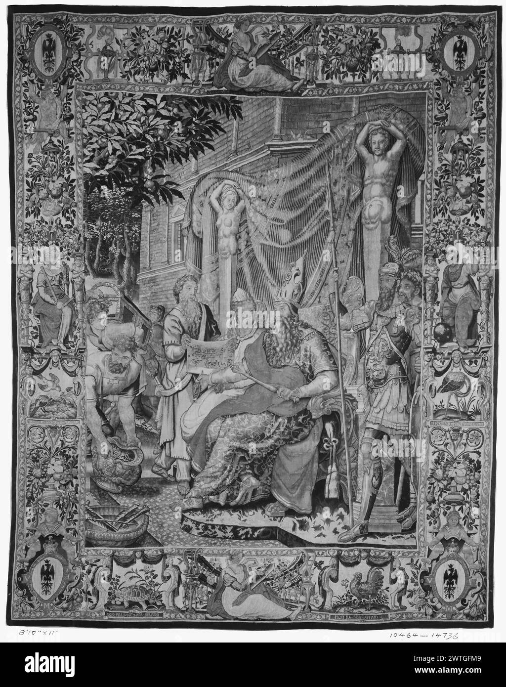 Cyrus verkündet das Ende der babylonischen Gefangenschaft. Unbekannt ca. 1575-1600 Gobelin Abmessungen: H 11' x B 8'10' Gobelin Materialien/Techniken: Unbekannt Kultur: Flämisches Weberzentrum: Brüssel Besitz Geschichte: Französisch & Co. Gekauft von Lionel Harris, Rechnungsstellung 21.12.1926. Inschriften: Inschrift im zentralen Feld, auf Scroll [meist unleserlich auf Foto]: HEC. CIRVS-Inschriften: Linker Rand Inschrift: MVLI[F] NO[C]END ARIES Inschrift: Unterer Rand Inschrift, links: NON POSSVNT CARA RELINQVI Inschrift: Unterer Rand Inschrift, rechts: NICHT es VIS ANIMO Inschrift: Rechter Rand Inscri Stockfoto