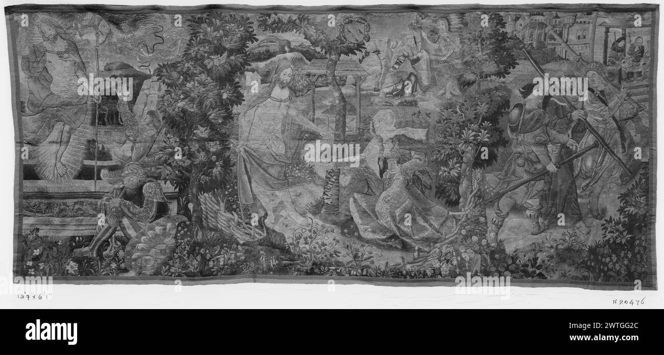Auferstehung, 'Noli me tangere', Reise nach Emmaus und Abendmahl in Emmaus. Unbekannt ca. 1480-1520 Wandteppich Abmessungen: H 6'1' x B 13'9' Wandteppich Materialien/Techniken: Unbekannt Kultur: Southern Netherlands Weaving Center: Unbekannt Eigentum Geschichte: Französisch & Co. Gekauft von Felix Gouled, erhalten am 11.30.1949; verkauft an Madison Avenue Presbyterian Church am 26.9.1962. Links, auferstandener Christus, mit einem Banner, erscheint aus dem Grab vor einer Gruppe verängstigter Soldaten; Zentrum, St. Maria Magdalena kniet vor Christus, als Gärtner mit Hacke; rechts, 2 Jünger, Kleopas und Peter treffen Christus; rechts Hintergrund, bei t Stockfoto