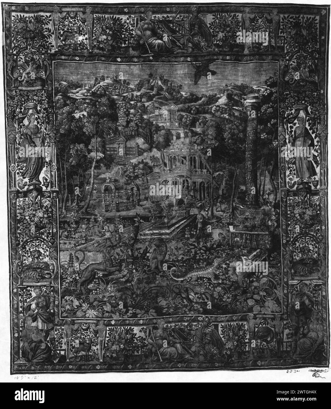 Wildpark mit Löwen und Reptilien. Guebels, Jacques I (Niederländisch (vor 1600) - Flandern, ACT.1580-1605) (Werkstatt, ATR.) [weaver] ca. 1580-1600 Gobelin Abmessungen: H 12' x B 10'9' Gobelin Materialien/Techniken: Unbekannt Kultur: Flämisches Weberzentrum: Brüssel Besitz Geschichte: French & Co. Gekauft von Mrs. William Starr Miller am 3. April 1919; übertragen auf SS 20922 [SS 10385]. French & Co. Verkauft an J. T. (?) Pratt 2/17/1922 [SS 20922]. Inschriften: Stadtzeichen auf der unteren Wache, linke Inschriften: weberzeichen auf der rechten Wache, untere Inschriften: Inschrift im oberen Rand, oberhalb DES Widders: IN DES Stockfoto