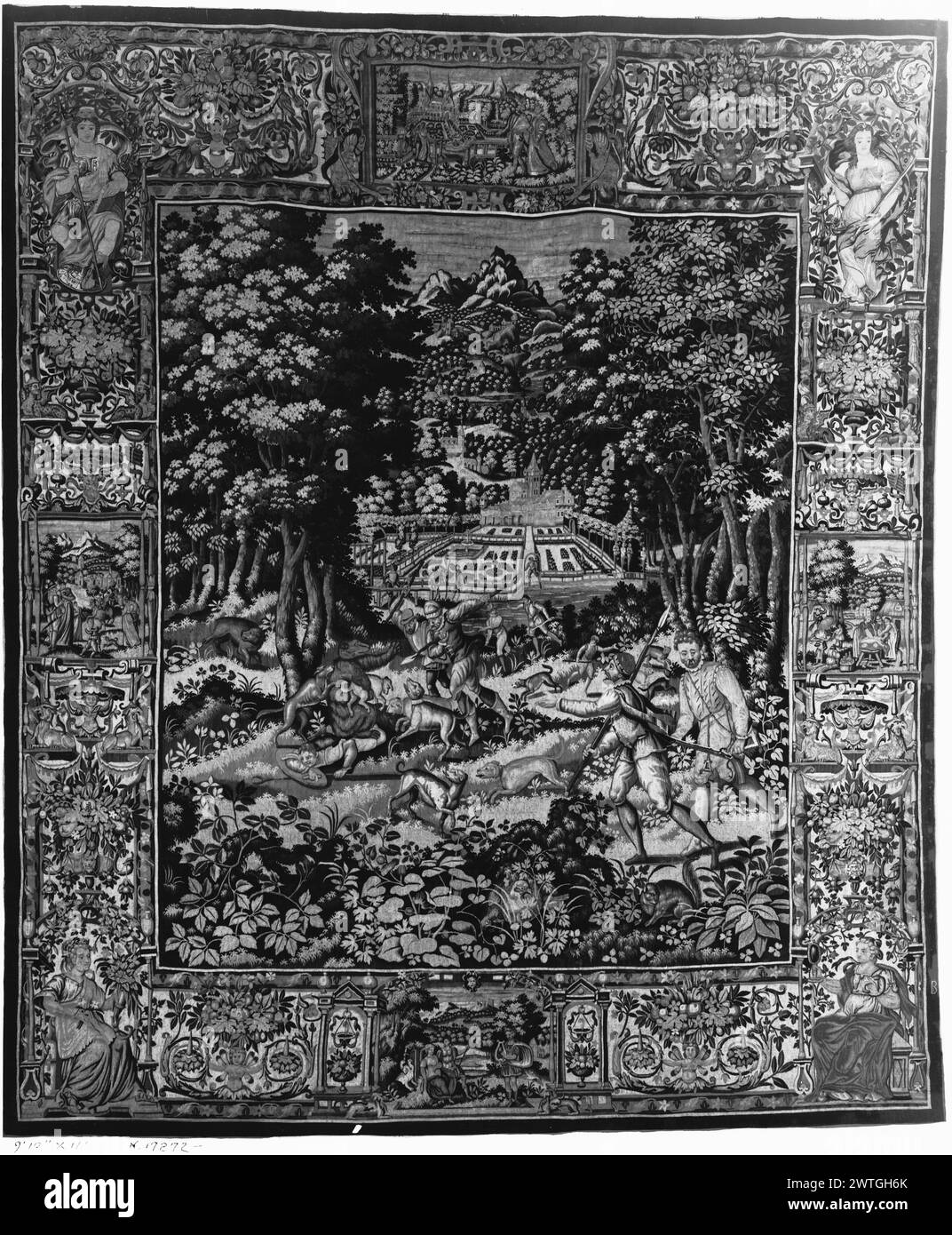 Wildpark mit Bärenjagd. Unbekannt ca. 1575-1680 Gobelin Abmessungen: H 11' x B 9'10' Gobelin Materialien/Techniken: Wolle (ungefärbt, Kette: 6/cm); Wolle & Seide (gefärbt, Schuss) Kultur: Flämisches Weberzentrum: Brüssel Besitz Geschichte: Französisch & Co. Verkauft in der Galerie Georges Petit, Paris, 4.12.1925, Los 105. Fine Arts Museums of San Francisco, Geschenk von Mr. & Mrs. Mortimer Fleishhacker (de Young). USA, Kalifornien, San Francisco, die Museen der Schönen Künste von San Francisco, Akno. 44.27. Inschriften: Nicht identifiziertes Weberzeichen auf rechter Wache, unten Stockfoto