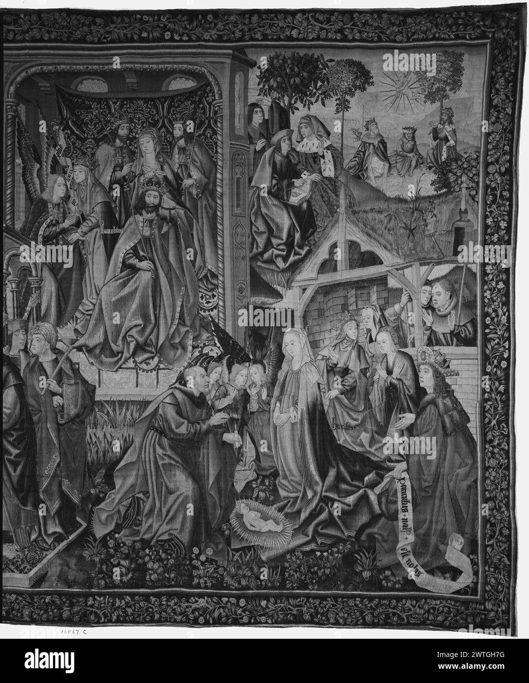 Christus wird als Erlöser des Menschen geboren. Unbekannt ca. 1500-1520 Gobelin Abmessungen: H 13'3' x B 26' Gobelin Materialien/Techniken: Wolle (Kette: 15-18/in.; 6-7cm); Wolle & Seide (Schuss) Kultur: Südholländische Besitz Geschichte: Juan Rodríguez de Fonsca coll., Bischof von Burgos (kaufte insgesamt 8 Gobelin zwischen 1519 und 1524); vermacht 1526 der Kathedrale von Burgos. Kathedrale von Burgos Coll.; verkauft 1926. French & Co. Gekauft von Mr. R. [Raimundo] Ruiz, Rechnungsstellung am 7. Mai 1931; Verkauf an das Metropolitan Museum of Art 2. April 1938. USA, New York, New York, das Metropolitan Museum of Art, accno Stockfoto