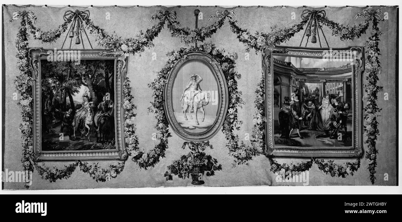 Zwei Szenen mit der Herzogin. Coypel, Charles-Antoine (französisch, 1694-1752) (Autor des Designs) [Maler] Tessier, Louis (französisch, ca. 1719-1781) (Autor des Designs, alentour) [Maler] Audran, Jean-Joseph (französisch, Akt. 1771-1794) (Werkstatt, ) [Weber] Cozette, Pierre-Francois (Französisch, Jahrgang 1714-d.1801) (Werkstatt) [Weber] 1788 Gobelin Abmessungen: H 9'6' x B 21'2' Wandteppich Materialien/Techniken: Wolle und Seide Kultur: Französisches Weberzentrum: Paris Besitzgeschichte: Magasin des Gobelins (1789). An den Fürsten von Hessen-Darmstadt von Napoleon I. (1810). E. Cronier Coll., Paris (ca. 1900); Verkauf in Galerie G Stockfoto
