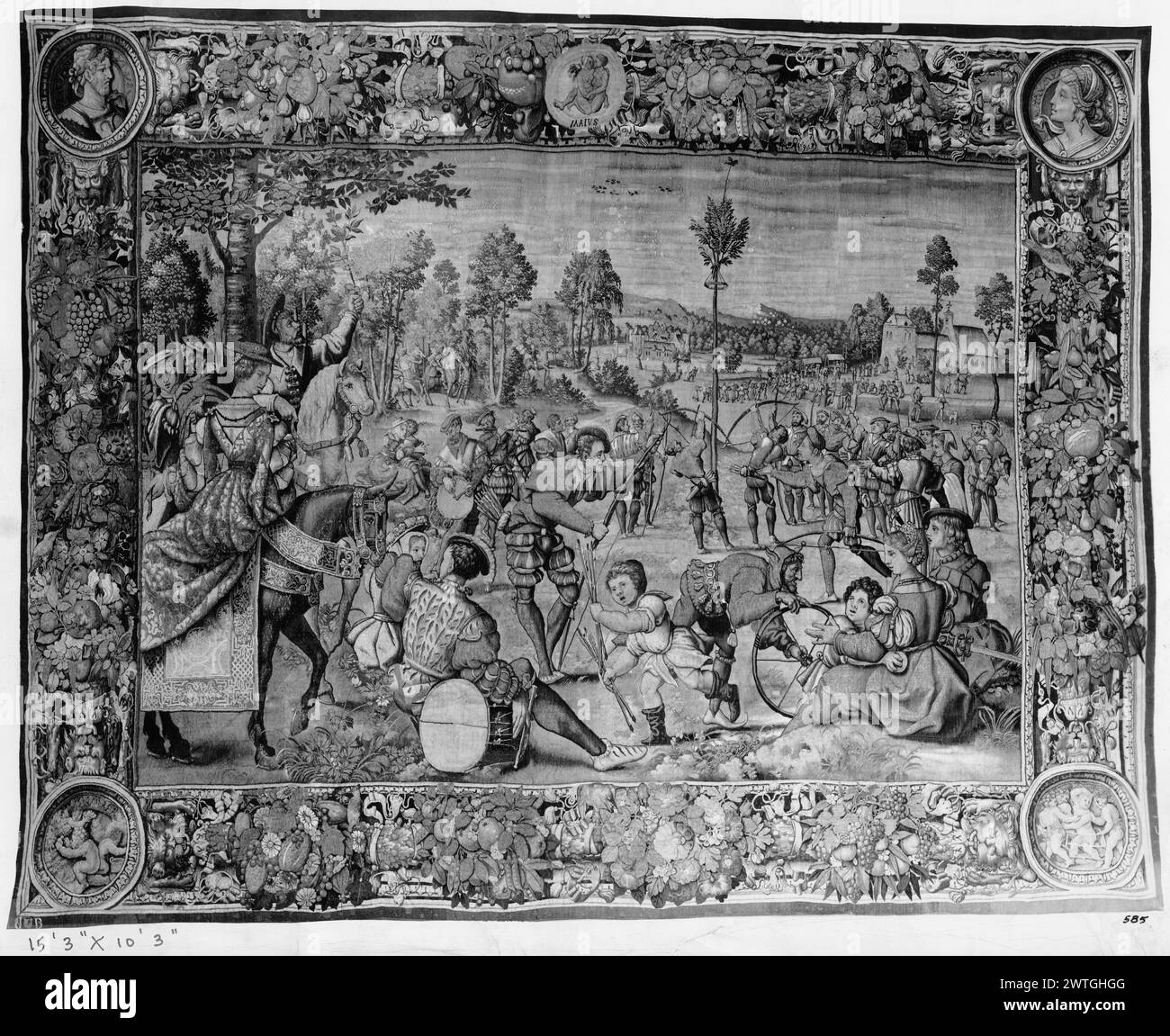 Mai. Meister der Monate von Lucas (Niederländisch (vor 1600), 1494-1533) (Autor des Designs, ATR.) [Maler] Kempener, Willem I (Niederländisch (vor 1600) - Flandern, 1535) (Werkstatt) [Weber] ca. 1540 Gobelin Abmessungen: H 10'3' x B 15'3' 3' Gobelin Materialien/Techniken: Unbekannt Kultur: Flämisches Weberzentrum: Brüsseler Besitz Geschichte: Barberini Coll. (Gekauft ca. 1625). Charles M. Ffoulke Coll., 1889. Mrs. E. H.[Edward Henry] Harriman Coll. Französisch & Co. Inschriften: Stadtzeichen links; Weberzeichen rechts, untere Inschrift: Inschrift oben, Mitte Stockfoto