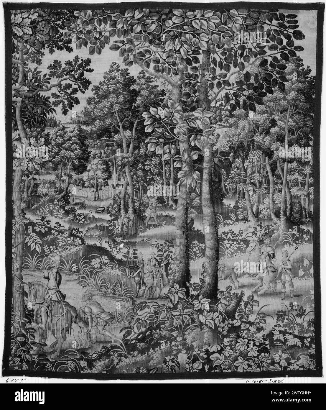 Wildpark mit Jägern auf dem Pferd und Wachpersonal. Unbekannt ca. 1580-1600 Gobelin Materialien/Techniken: Unbekannt Kultur: Flämisches Weberzentrum: Brüssel Eigentumsgeschichte: French & Co. Von John Magnin (zur Gutschrift) erhalten, fakturiert am 16.03.1928; verkauft an Frank Edson am 6.2.1920. Stockfoto