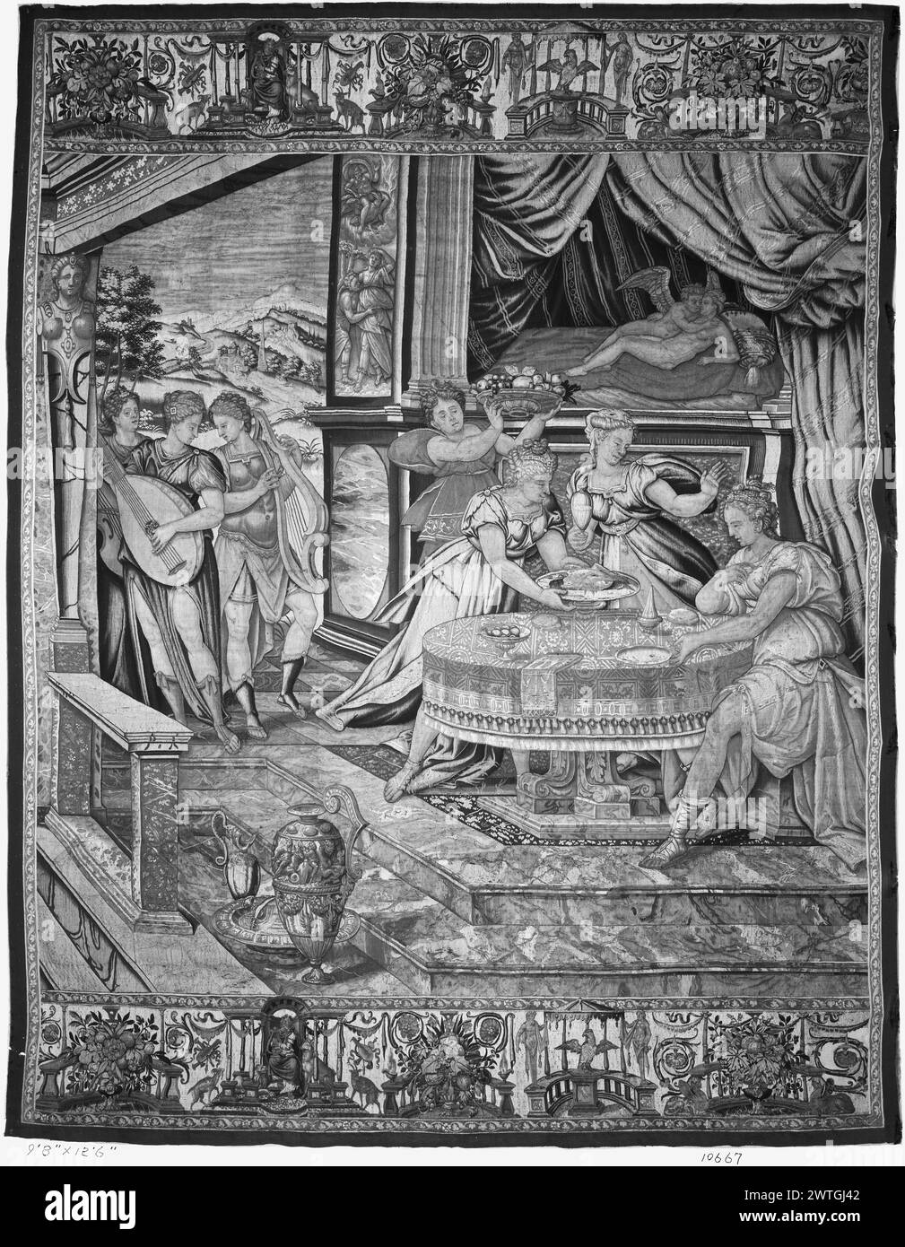 Psyche's Bankett. Castello, Giovanni Battista (italienisch, 1509-1569) (Autor des Designs) [Maler] ca. 1560-1570 Gobelin Abmessungen: H 12'6' x B 9'8'' Gobelin Materialien/Techniken: Unbekannt Kultur: Flämisches Weberzentrum: Brüsseler Besitz Geschichte: Französisch & Co. Corcoran Gallery, Washington, D. C. Dépôt des Monuments Historiques, Frankreich, gekauft 1970. Frankreich, Deux-Sèvres, Oiron, Château d'Oiron. Verwandte Arbeiten: Panels im Set: GCPA 0238718-0238721 Stockfoto