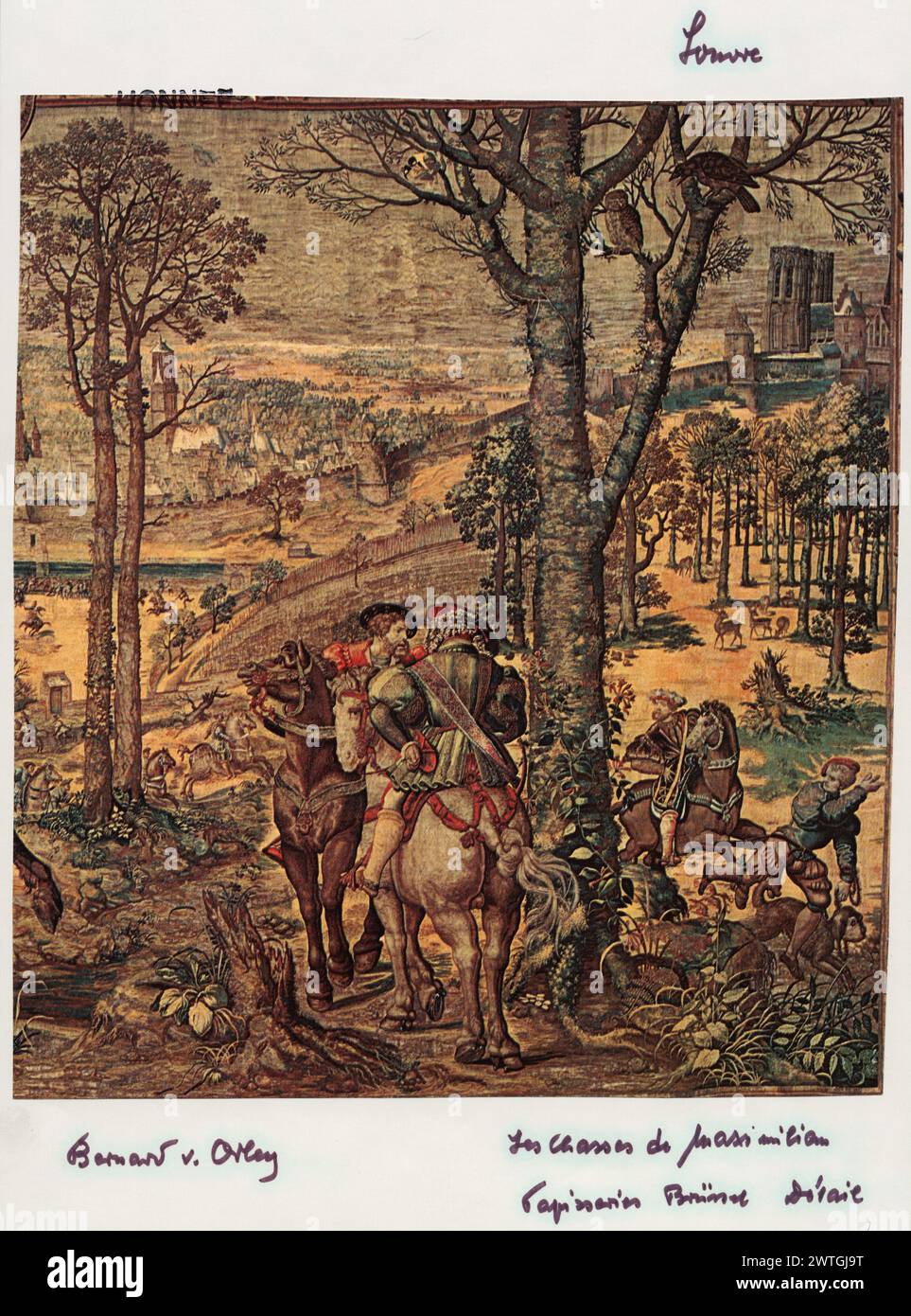 März/Aries, Abfahrt zur Endjagd. Orley, Bernart van (Niederländisch (vor 1600) - Flandern, ca. 1492-1542) (Autor des Designs) [Zeichner] Tonnen, Jan (der ältere) (Niederländisch (vor 1600) - Flandern, ACT.1529/30) (Autor des Designs, Landschaft) [Maler] Moy, Willem (Niederländisch (vor 1600) - Flandern, ACT. CA.1525) (Werkstatt) [Weber] ca. 1530-1535 Gobelin Abmessungen: H 4,40 x B 7,50 m Gobelin Materialien/Techniken: Wolle; Seide; Metallfäden (Gold); Metallfäden (Silber) Kultur: Flämisches Weberzentrum: Brüsseler Besitz Geschichte: Inventar des Duc de Guise (1589). Ludwig XIV. (163 Stockfoto