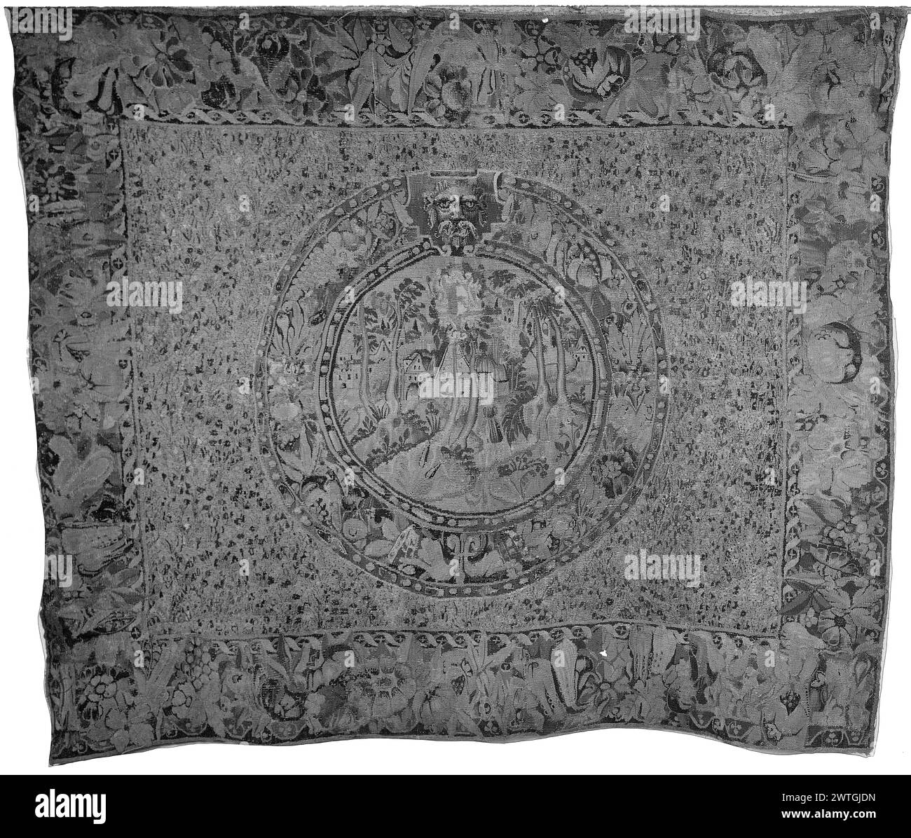 Millefleurs Ground mit Medaillon mit Landschaftsszene mit Häusern. Unbekannt ca. 1520 Wandteppich Abmessungen: H 6' x B 5' Wandteppich Materialien/Techniken: Unbekannt Kultur: Flämisches Weberzentrum: Unbekanntes Eigentum Geschichte: Pratt Coll., New York. French & Co. Von Mrs. H. I. gekauft Pratt 10/1/1943 [SS 76651]. French & Co. Gekauft von Antiquities (Rosalie Sachs) 12.2.1943; verkauft an Elinor Merrill 12.23/1943 [SS 76832]. Verwandte Arbeiten: Panels im Set: GCPA 0237306-0237308, 0126503 Stockfoto