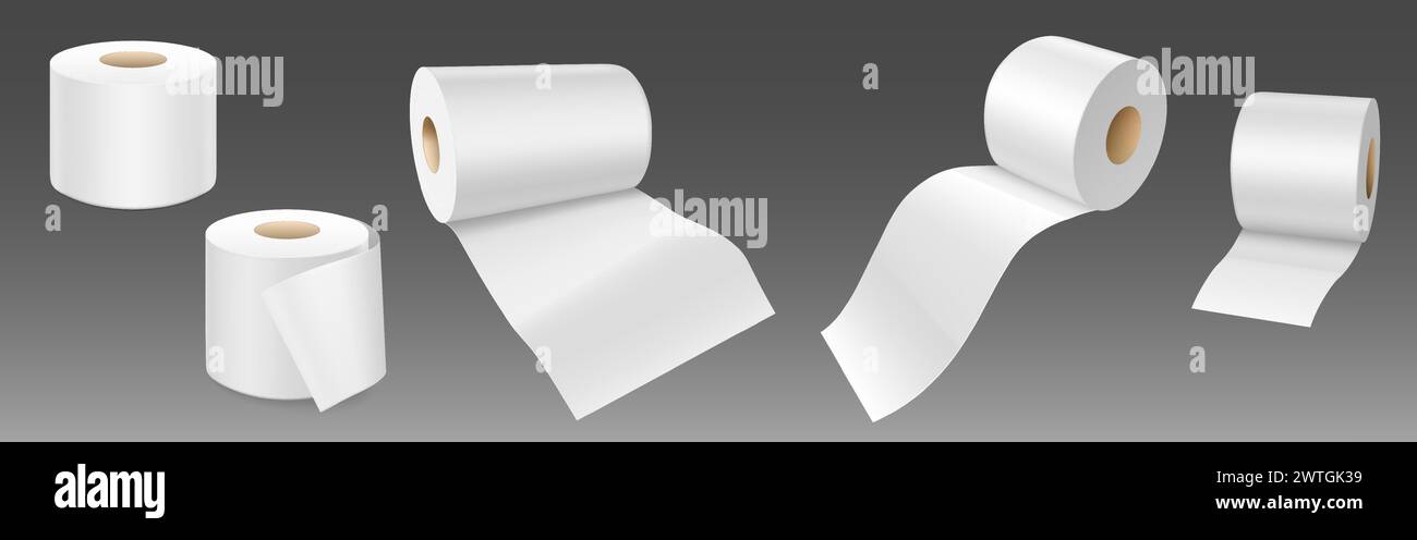 Weiße leere Toilettenpapierrollen stehen und liegen. Realistische Vektor-Illustration Set von Schablone für wc oder Küchentuch Band auf Rohr für Hygiene und Pflege. Leeres Soft-Scroll-Klo-Modell für Badezimmerprodukte. Stock Vektor