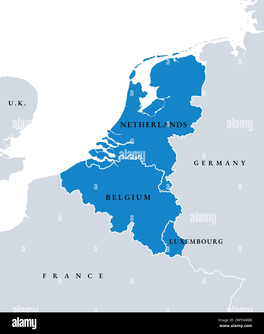 Benelux-Länder, politische Landkarte. Zusammenarbeit der europäischen staaten Belgien, Niederlande und Luxemburg. Stockfoto