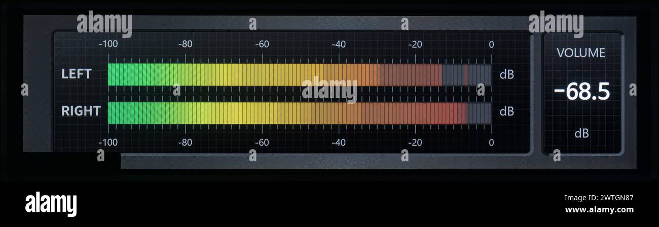 Mehrfarbige digitale Audio-VU-Messgeräte bewegen sich zum Beat. Stockfoto