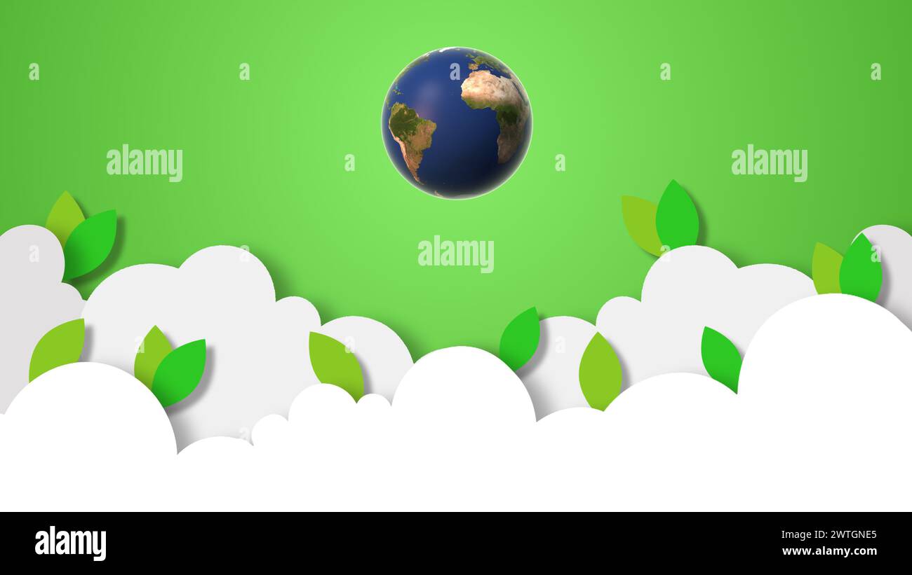 Erdtagspapier schneidet Wolken mit grünen Blättern und Globus Stockfoto