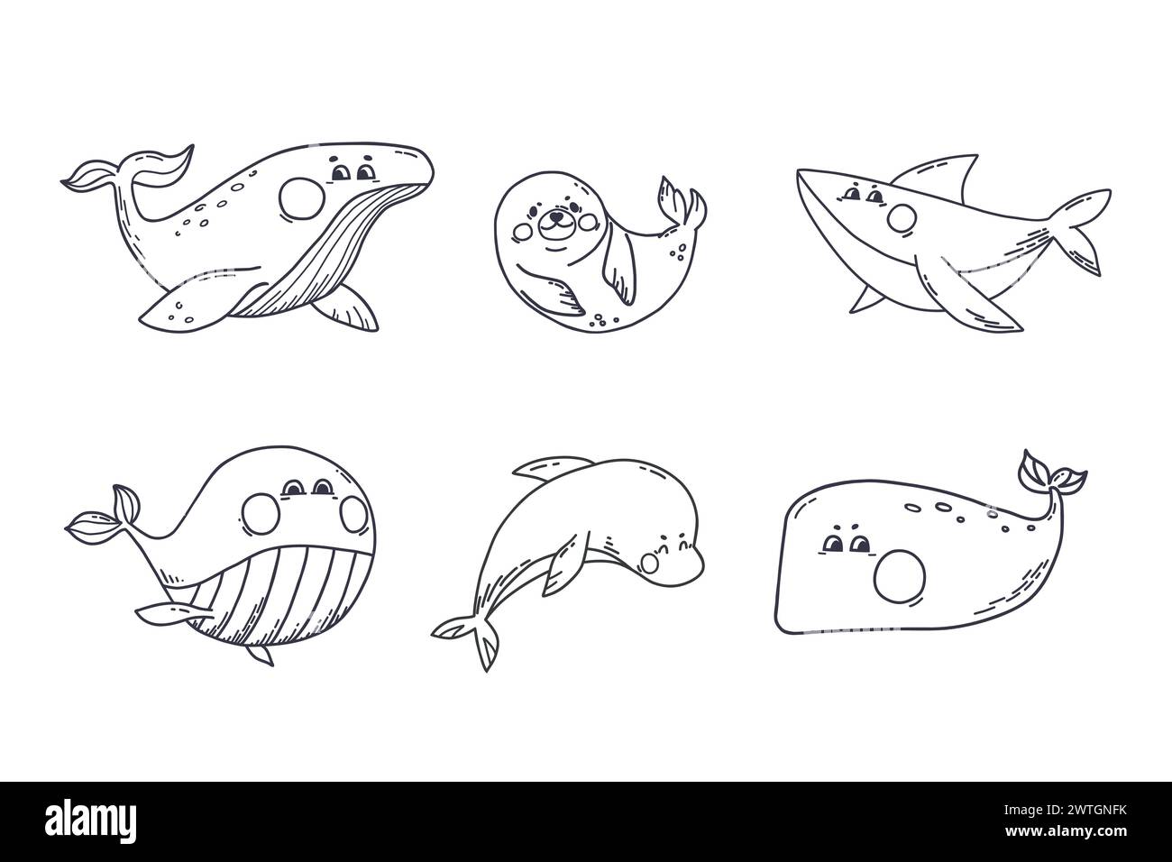 Meerestiere im Doodle-Stil. Unterwassersäugetiere verschiedene Arten Wale, Haie, Robben, Delfine Stock Vektor
