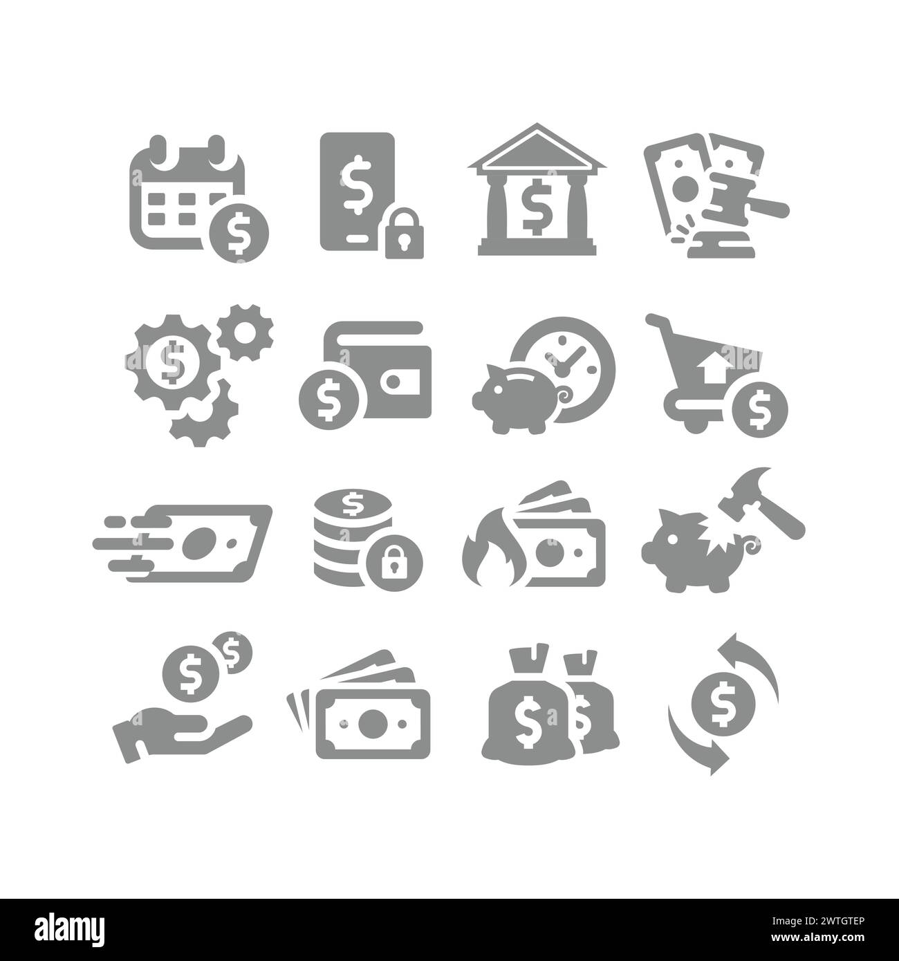 Vektorsymbole für Geld und Finanzen. Symbole für Münzstapel, Sparkasse, Transaktionen und Inflation. Stock Vektor