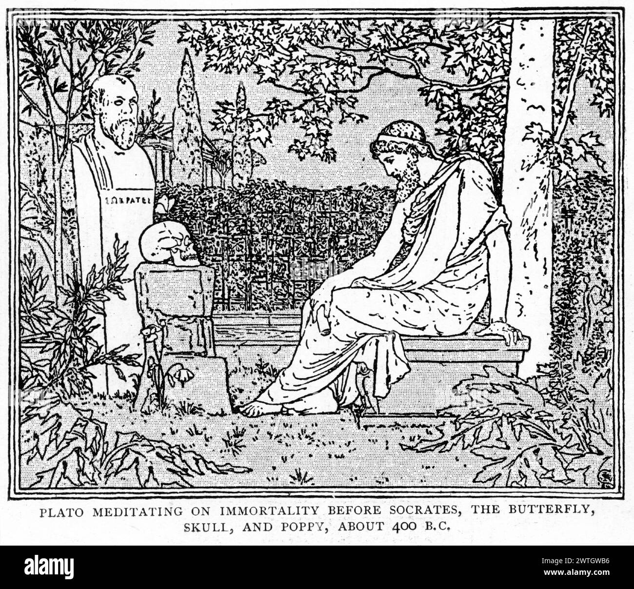 Gravur des griechischen Philosophen Platon, der über die Unsterblichkeit vor sokrates, dem Schmetterling, Schädel und Mohn nachdenkt. Veröffentlicht um 1896. Stockfoto