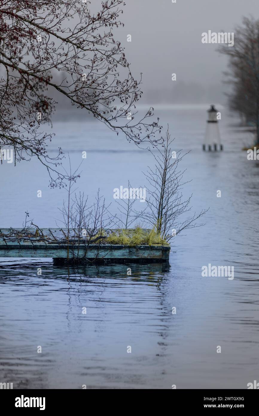 Ein nebeliger und regnerischer Tag am Lehrbo Village Dock in Smedjebacken, Schweden. Stockfoto