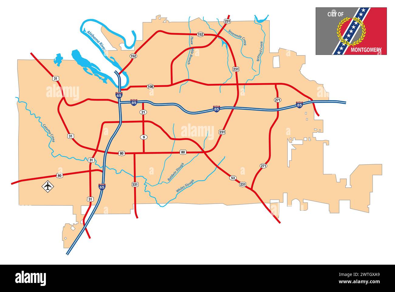 Einfacher Stadtplan von Montgomery, Alabama, USA Stockfoto