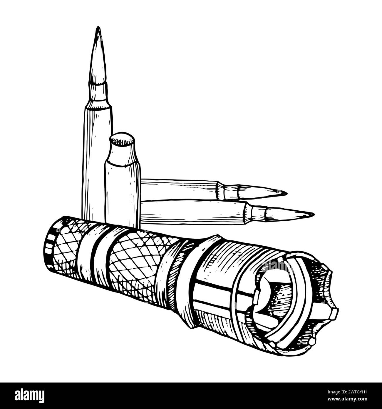 Taktische militärische Taschenlampe und Kugeln für Gewehr Stock Vektor