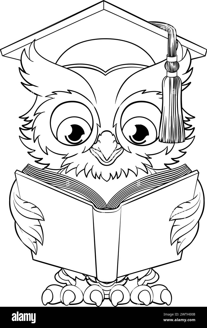 Karikatur Mit Weiser Eule, Alter Lehrer, Lesebuch Stock Vektor
