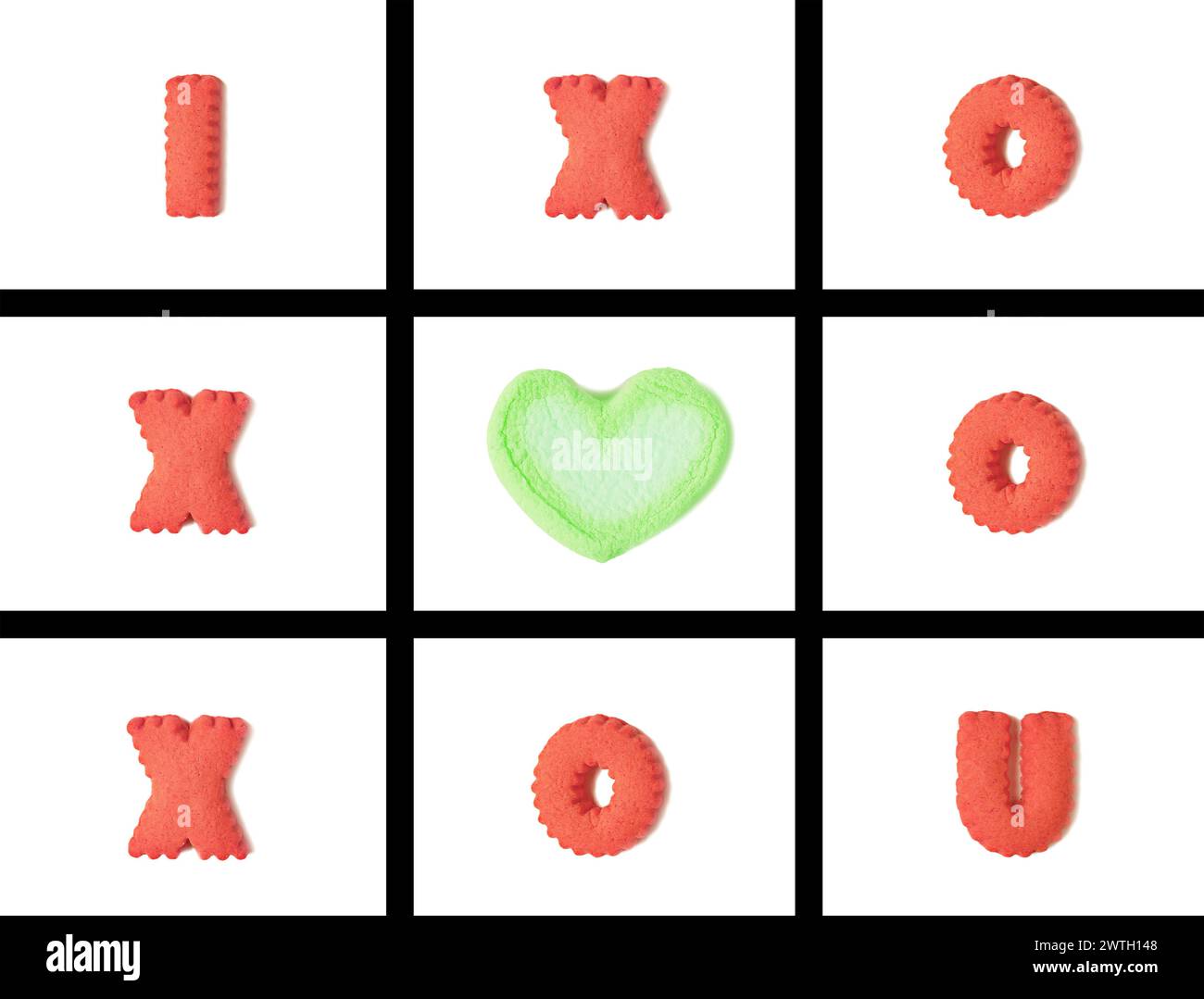 Farbenfrohe 3D-Typografie und herzförmiges I LOVE U in Tic Tac Toe Game auf weißem Hintergrund Stockfoto