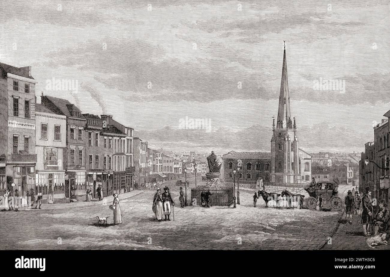 Der Bullenring mit St. Martin's Church, Birmingham, England, hier im Jahr 1812. From the London Illustrated News, veröffentlicht am 26. März 1887. Stockfoto