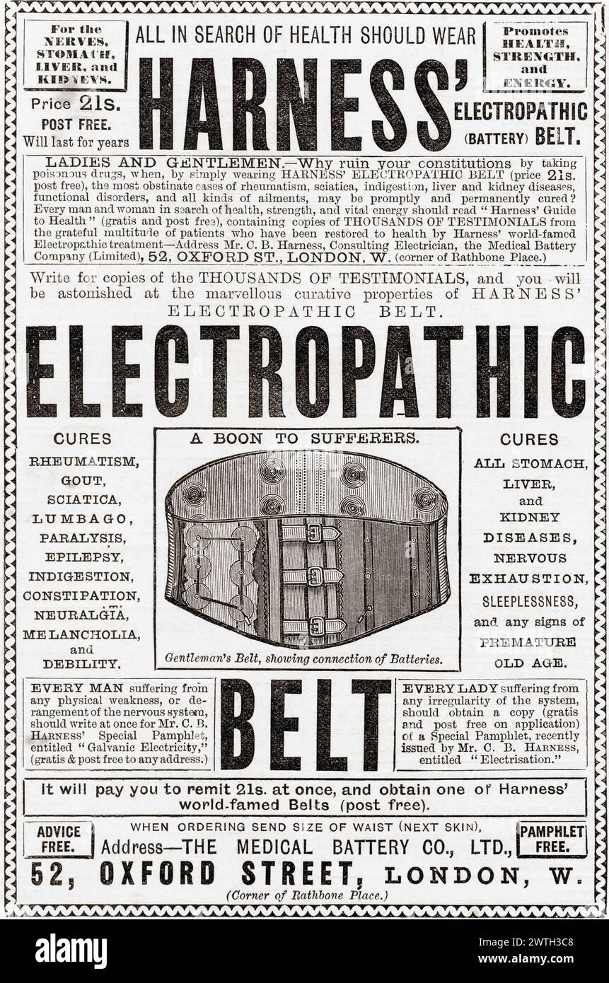 1930 Werbung für den elektropathischen Gürtel des Gurts. Heilt fast alles. From the London Illustrated News, veröffentlicht am 26. März 1887. Stockfoto