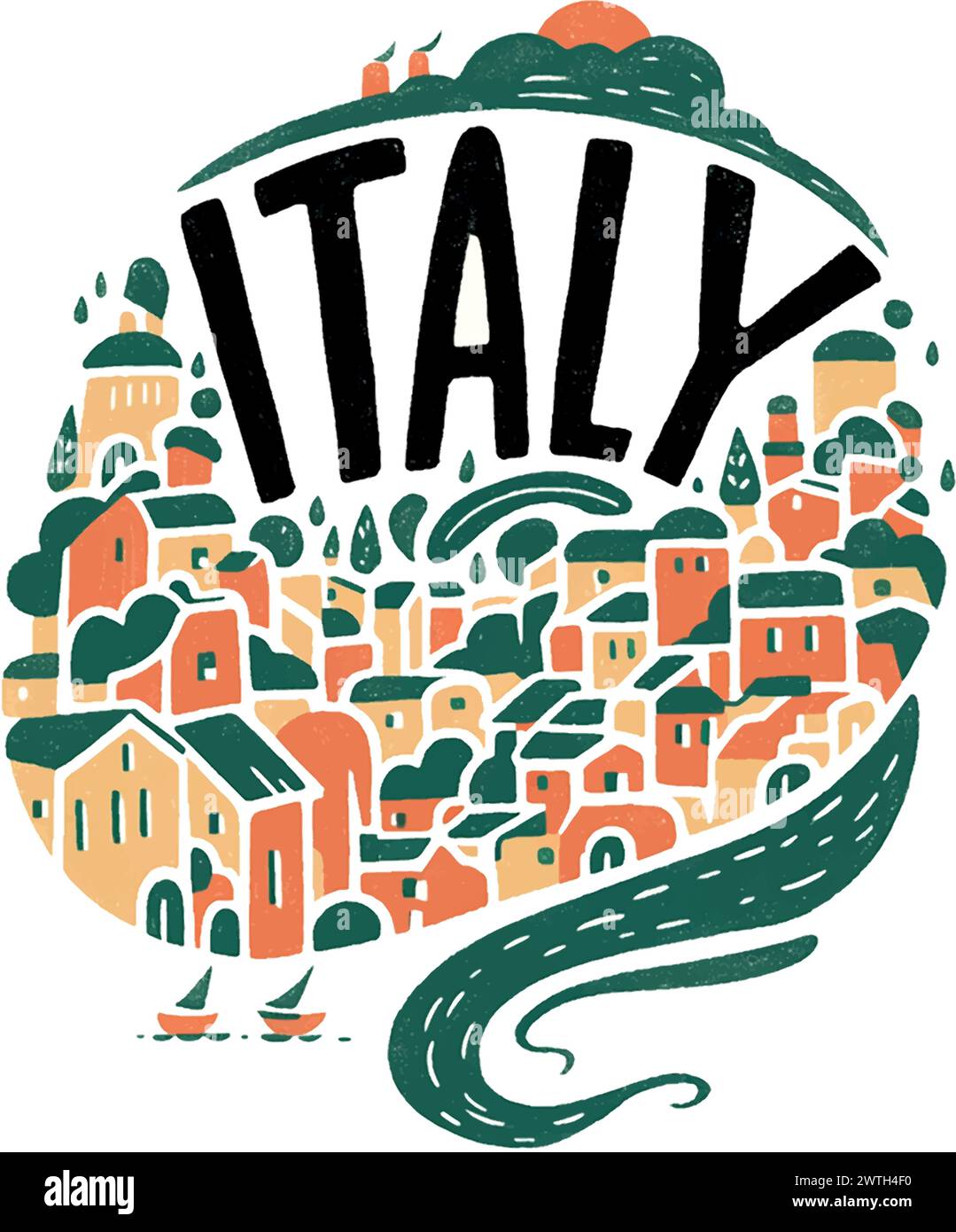 Italy Logo ist eine farbenfrohe Stadt mit vielen Gebäuden und einem Fluss. Die Stadt ist voller Leben und Energie Stock Vektor