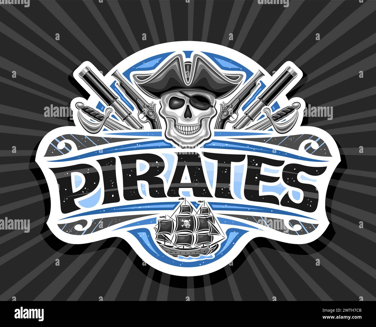 Vektor-Logo für Piraten, dekoratives geschnittenes Papieretikett mit Illustration des bösen lächelnden Piratenschädels in alter Kappe und Augenklappe für Kinderparty, kreativ Stock Vektor