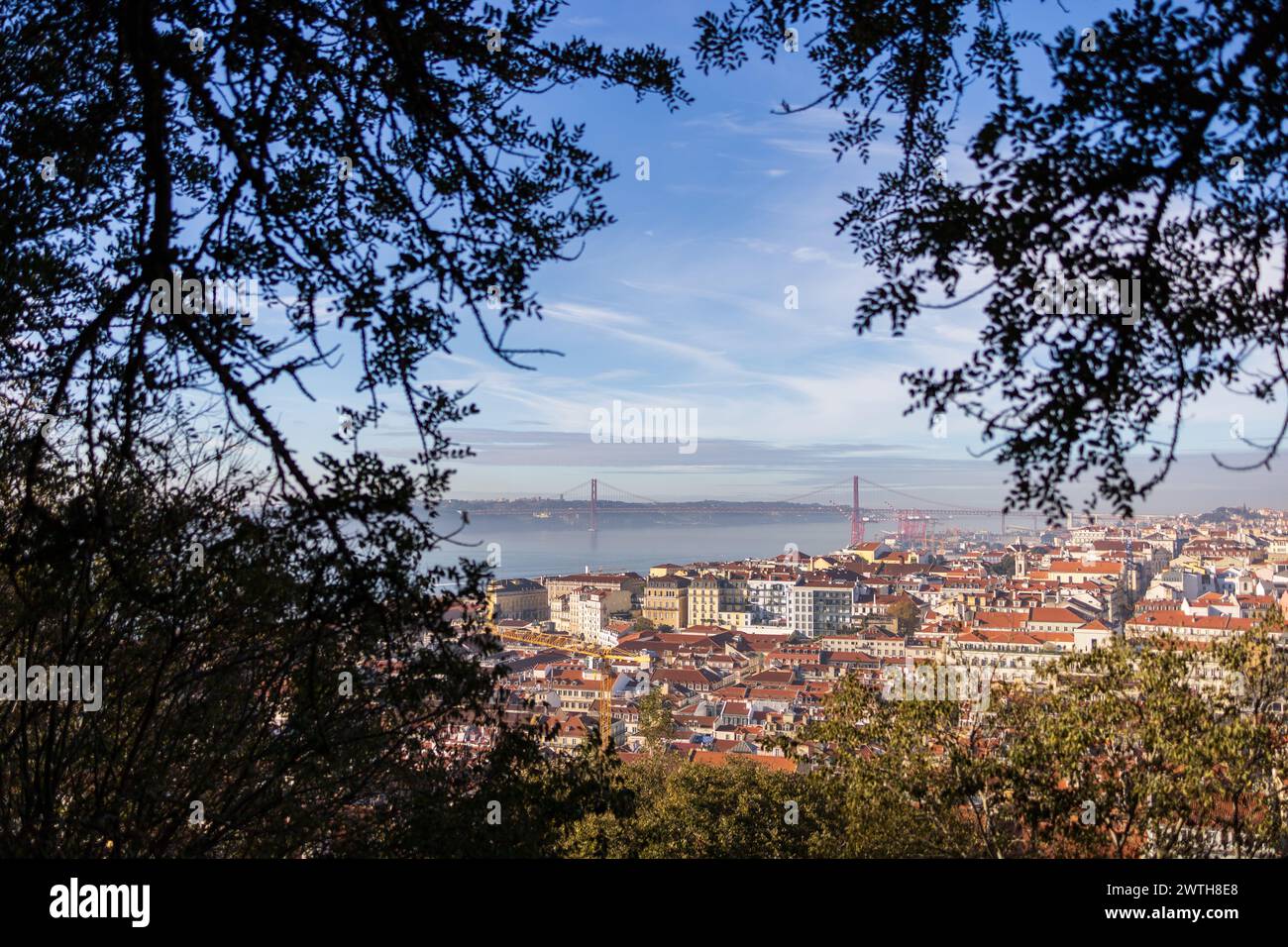 Lissabons Skyline und Brücke umgeben von üppigem Laub in Portugal Stockfoto