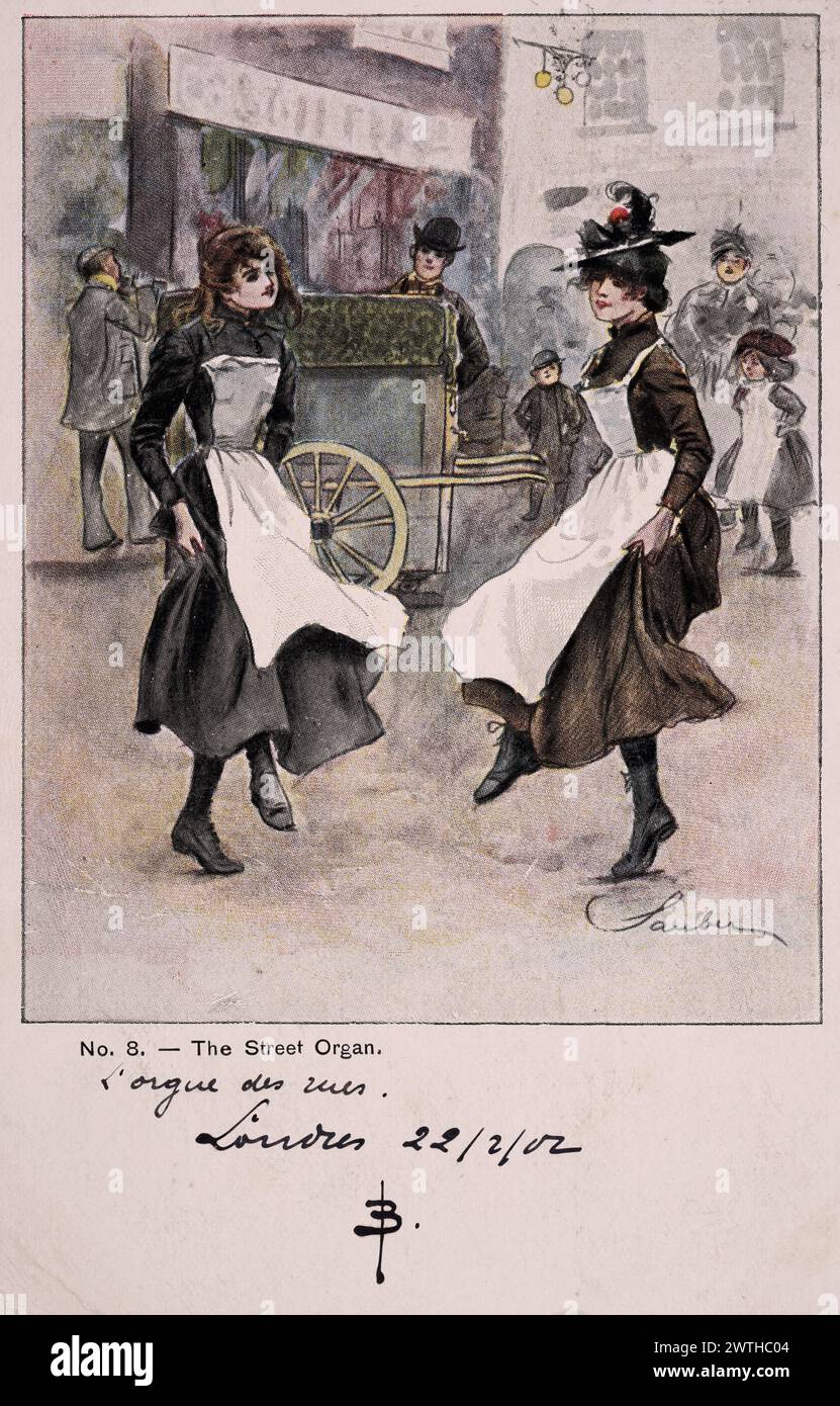 Britische Postkarte aus Edwardian, Frauen, die auf der Straße zur Musik einer Straßenorgel tanzen, bekannte Figuren aus London, Robert sauber, 1900er Jahre Stockfoto