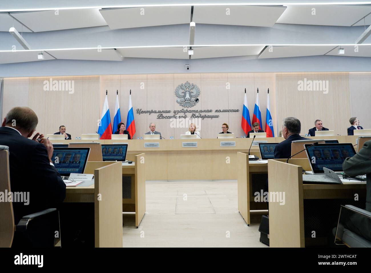 Moskau, Russland. März 2024. Ella Pamfilova, Vorsitzende der Zentralen Wahlkommission, gibt die vorläufigen Ergebnisse der Präsidentschaftswahlen in Russland am Sitz der Kommission in Moskau vom 18. März 2024 bekannt. Foto: Yuri Gripas/ABACAPRESS.COM Credit: Abaca Press/Alamy Live News Stockfoto