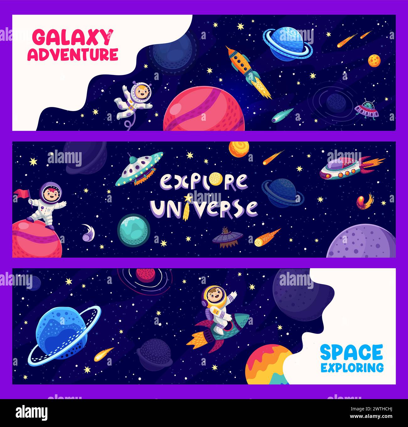 Kinder-Astronauten-Banner. Weltraumabenteuer, Astronomie-Forschung oder Galaxie-Entdeckung Cartoon-Vektor-Hintergrund. COSMOS-Reiseplakate oder -Banner mit Kosmonauten-Kindercharakter, Raketen und Weltraumplaneten Stock Vektor