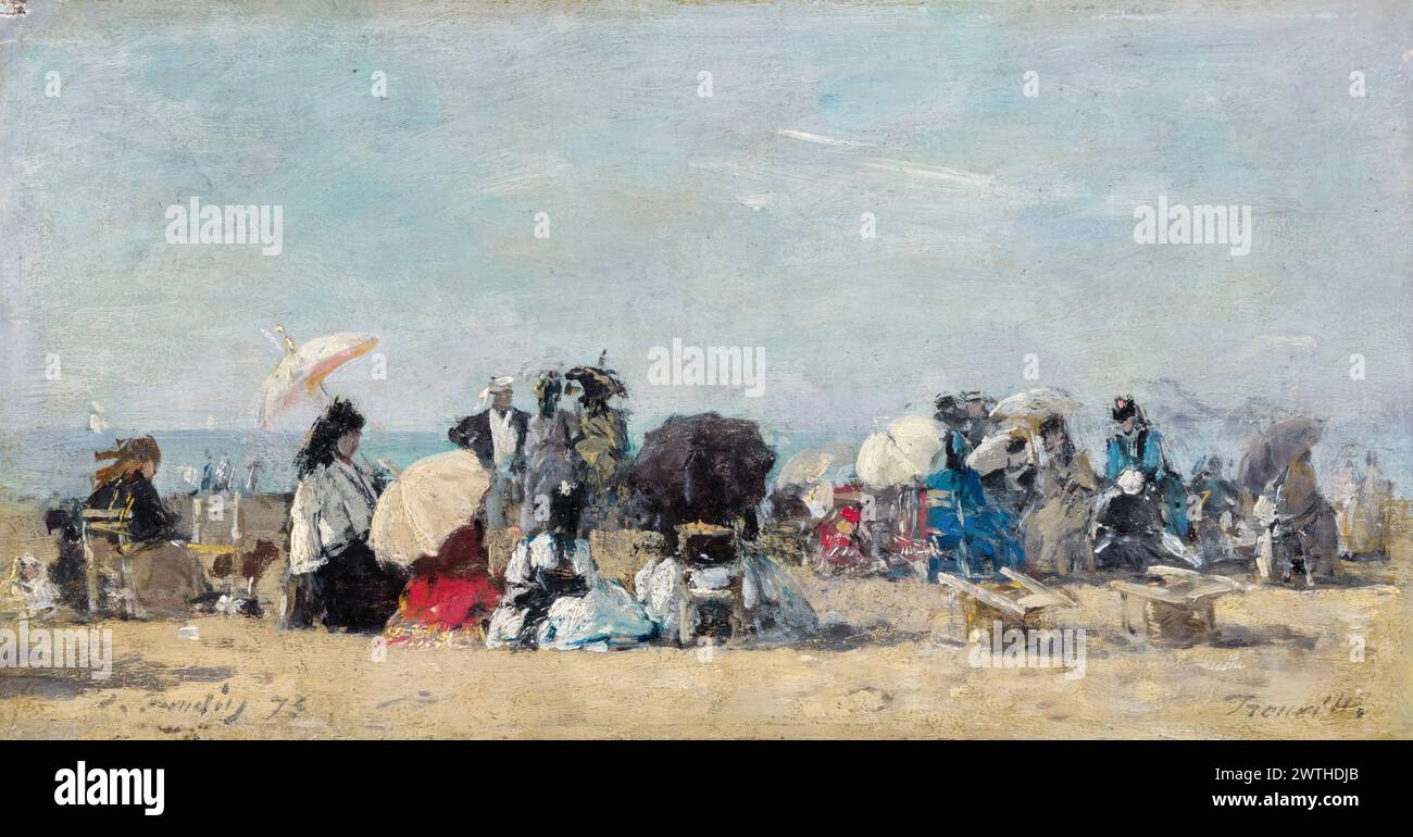 Eugène Boudin Gemälde, Strandszene, Trouville, Öl auf Holz, 1873 Stockfoto
