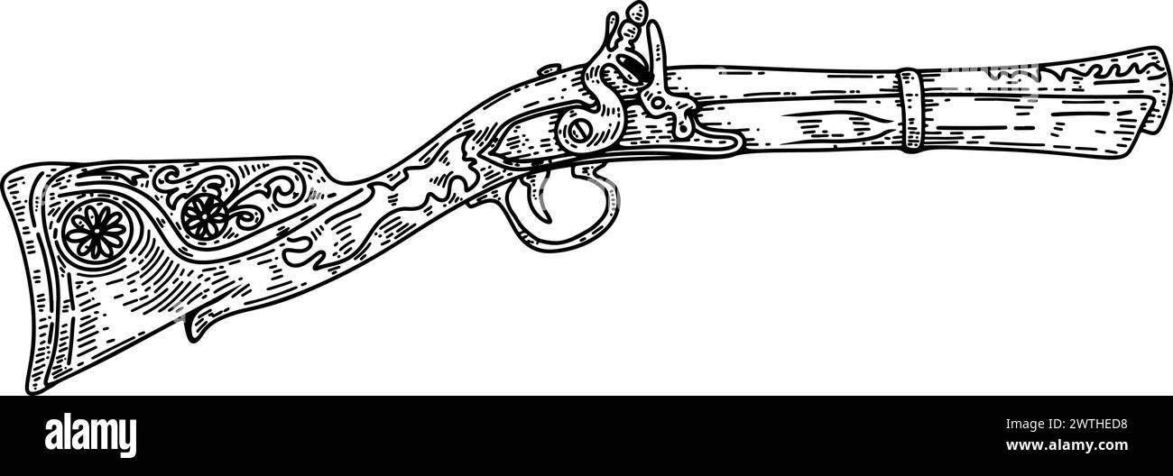 Handgezeichnete Illustration einer alten Pistole, Pilz. Vektorabbildung Stock Vektor