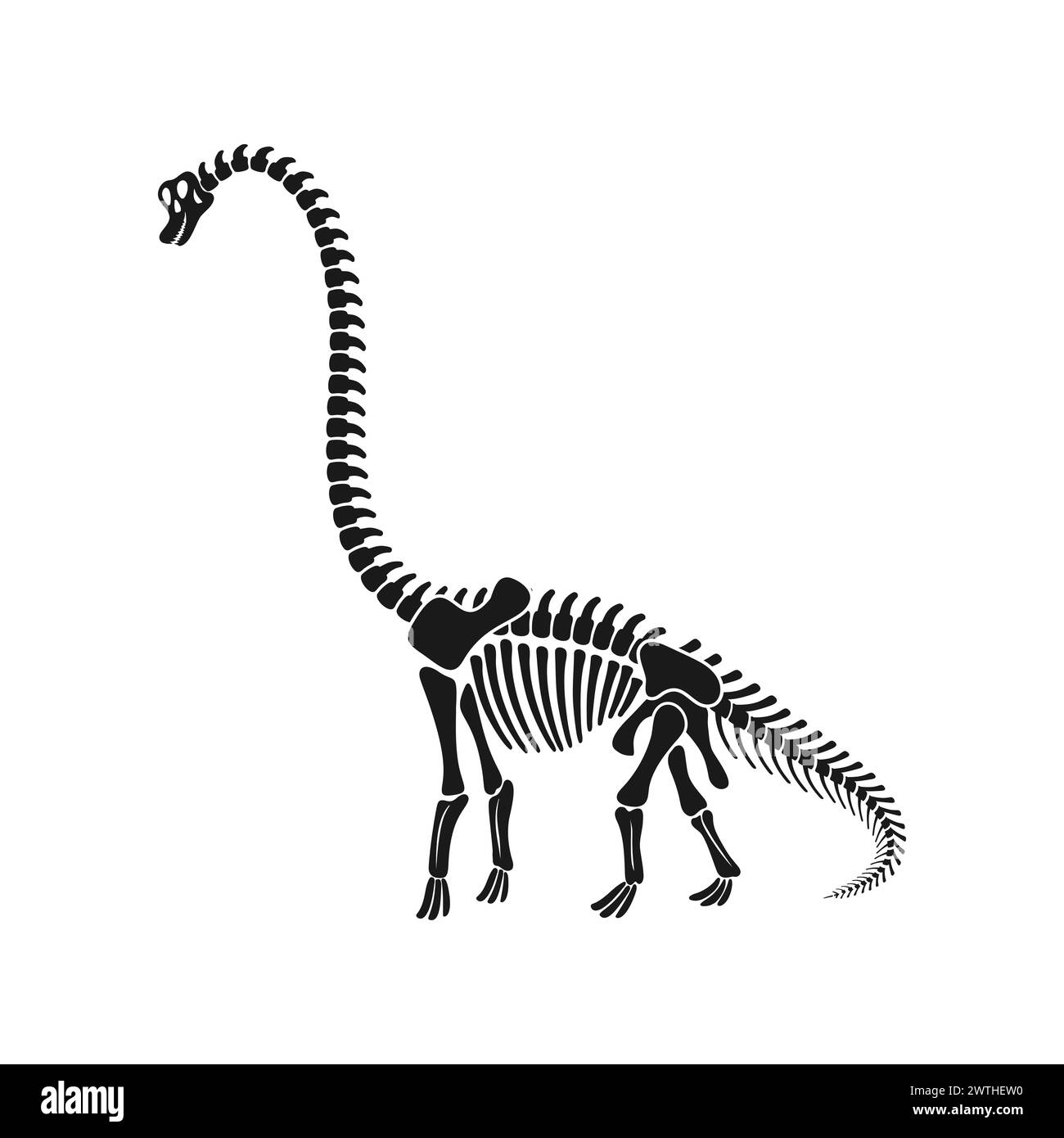Isoliertes Brachiosaurus Dinosaurier Skelett Fossil, Dino Knochen schwarze Vektor Silhouette, zeigt majestätische Hals und Gliedmaßen. Antike prähistorische riesige Ikone für pädagogische und paläontologische Designs Stock Vektor