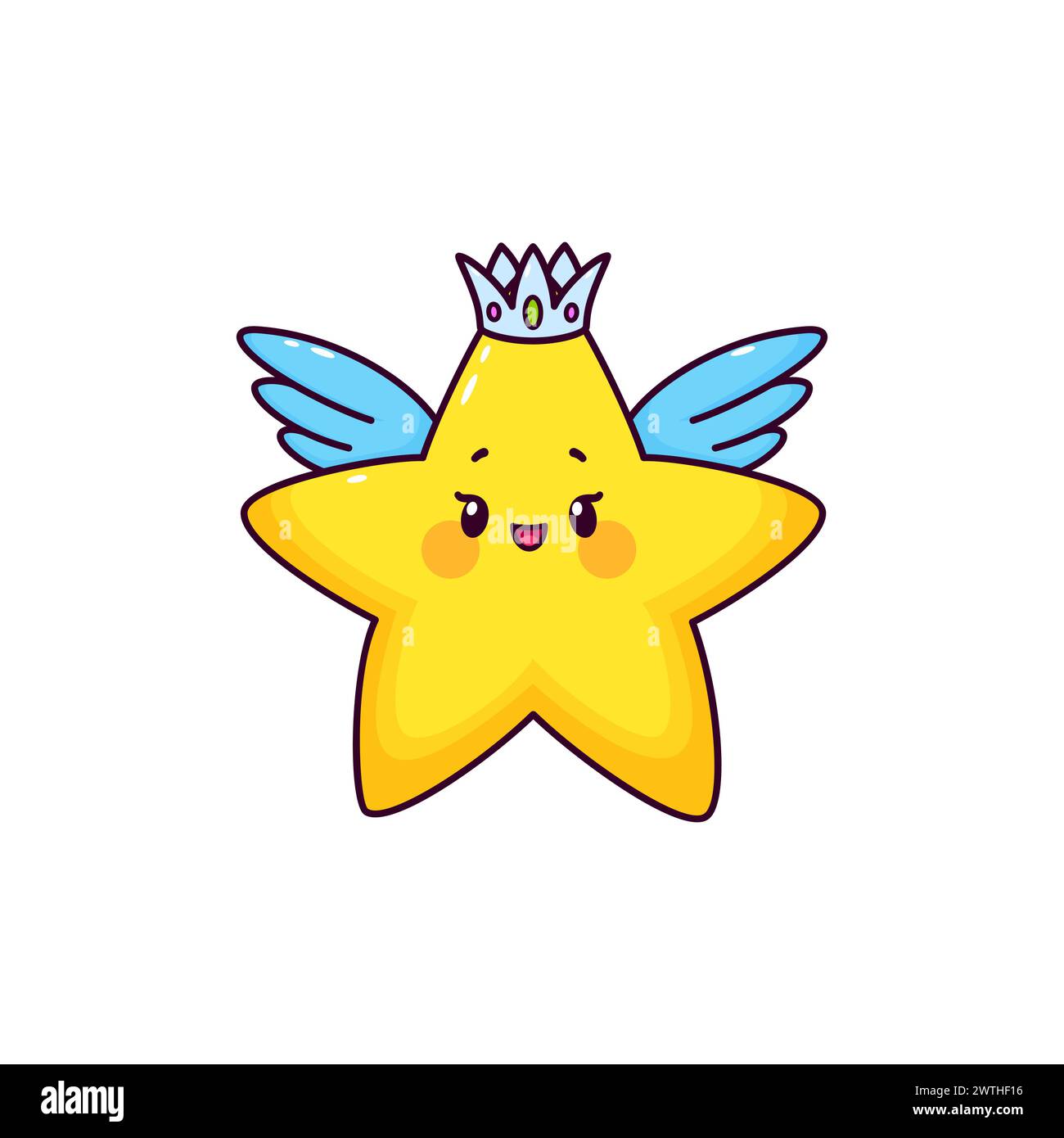 Cartoon glücklicher kawaii Star Engelsfigur mit süßem lächelndem Gesicht. Vektorfigur eines kleinen funkelnden Sterns mit gelbem Glanz, Engelsflügeln und silberner Krone. Kindliches Superstar-Emoticon oder Weltraumemoji Stock Vektor