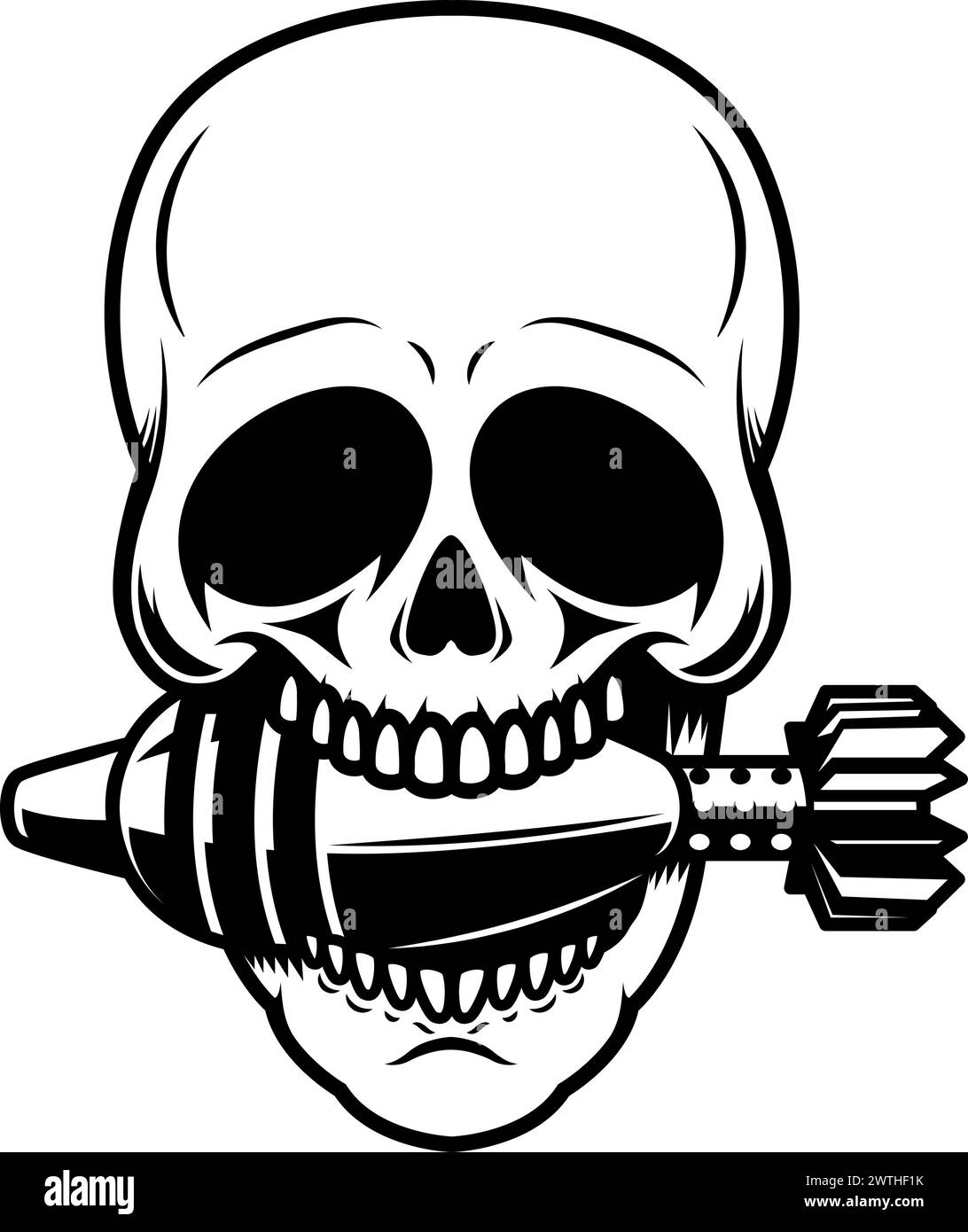 Illustration eines Schädels mit Mörtelschale in den Zähnen. Designelement für Poster, Emblem, Schild, Abzeichen. Vektorabbildung Stock Vektor