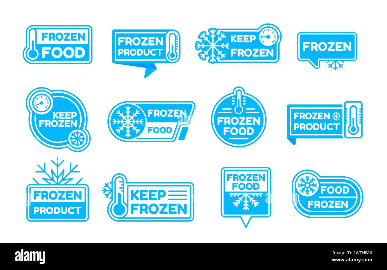 Gefrorene Logosymbole, kalte Produktetiketten und -Abzeichen. Isolierter Vektorsatz mit blauen Aufklebern, Schneeflocken oder Frost und Thermometersymbolen. Elemente für Verpackungen oder frostige Konservierungsartikel Stock Vektor
