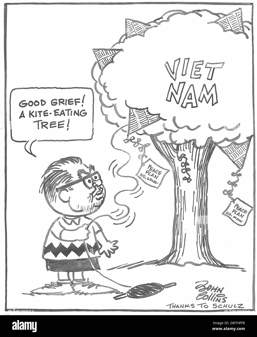 Cartoon - Friedensplan "Fliegen eines Drachens" gibt Mr. Martin zu. John Collins (1917-2007) Stockfoto