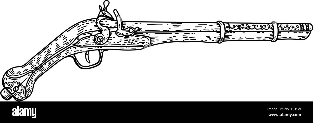 Handgezeichnete Illustration einer alten Pistole, Pilz. Vektorabbildung Stock Vektor