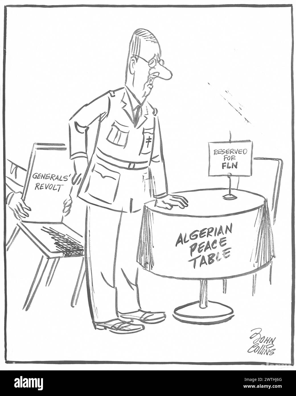 Cartoon - versucht, den Stuhl unter ihm herauszuziehen. John Collins (1917-2007) Stockfoto