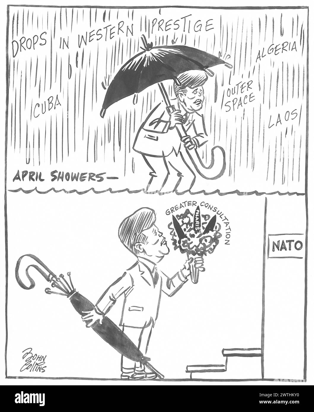 Cartoon - April-Duschen - Bringen Sie Mai-Blumen. John Collins (1917-2007) Stockfoto