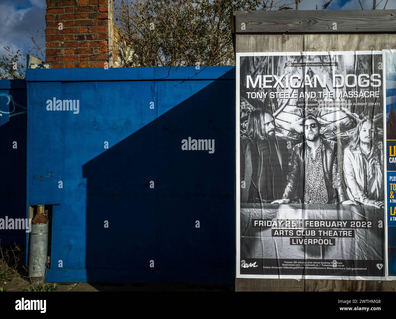 Ein Plakat entlang einer Straße in Liverpool, das die Band „Mexican Dogs“ anwarnt, die im Februar 2022 im Arts Club in Liverpool spielte. Stockfoto