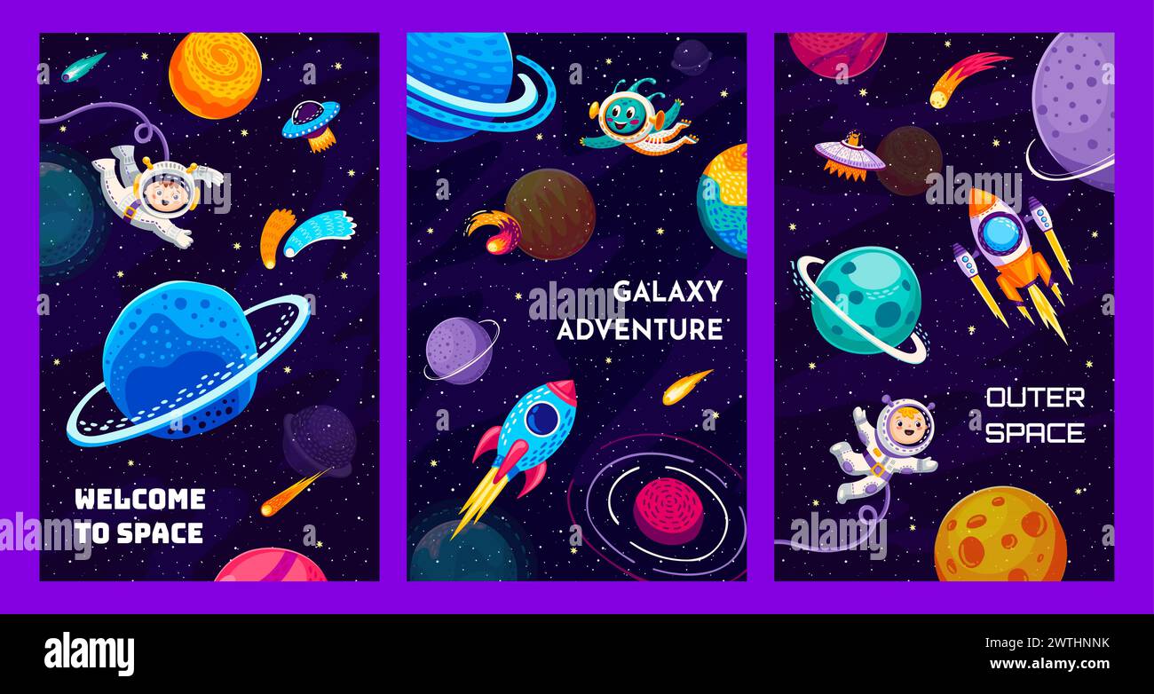 Galaxy Space Poster mit Kinderastronauten, Außerirdischen und Weltraumraketen in der Landschaft der Galaxienplaneten. Vertikale Cartoon-Vektor-Karten mit interstellaren Entdeckungen, fantasievollen verspielten kosmischen Abenteuern und Reisen Stock Vektor