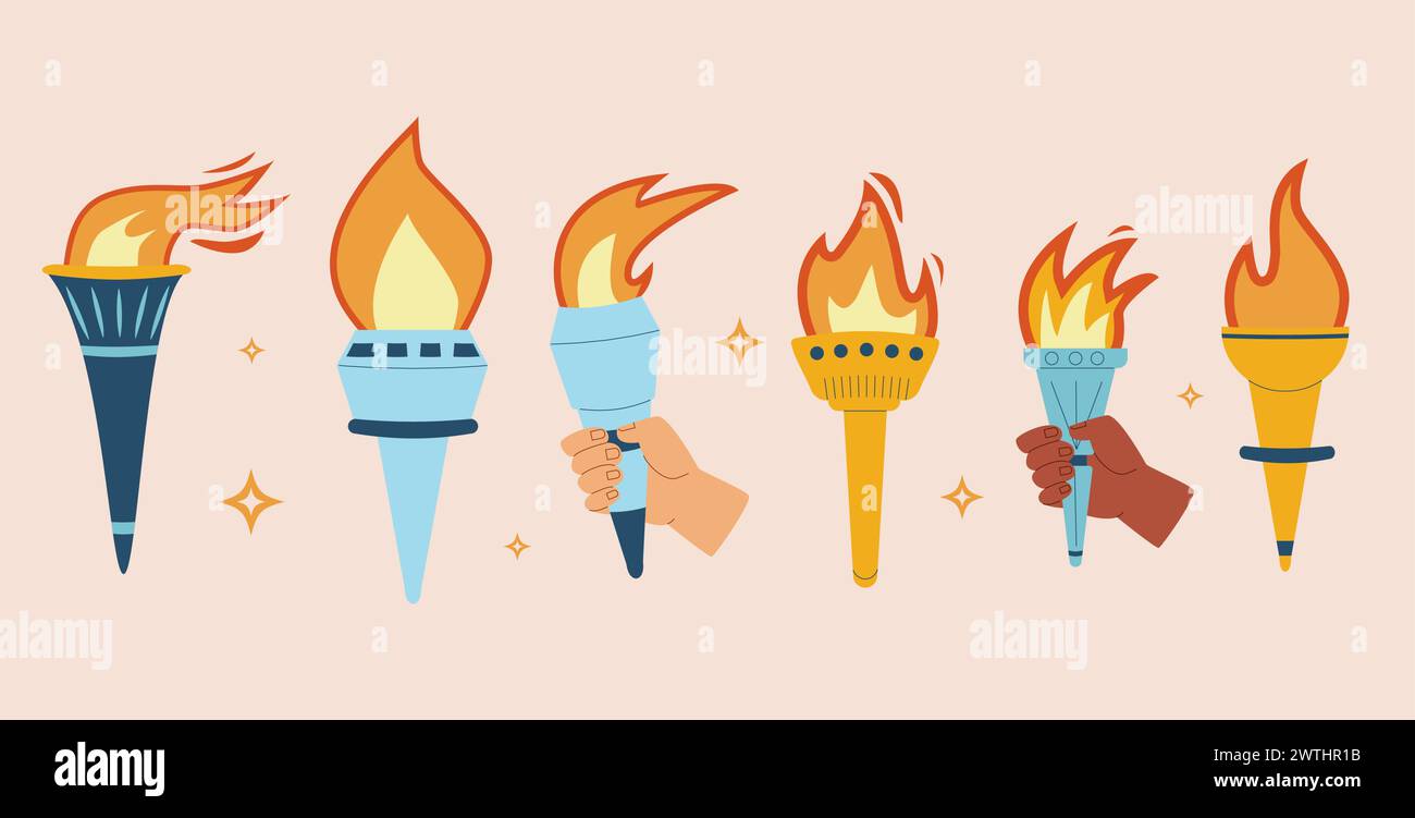 Fackeln mit brennender Flamme in den Händen gesetzt. Symbol für Sport, Spiele, Sieg und Meisterwettbewerb mit unterschiedlicher Handfläche. Illustration der Vektorabwicklung Stock Vektor