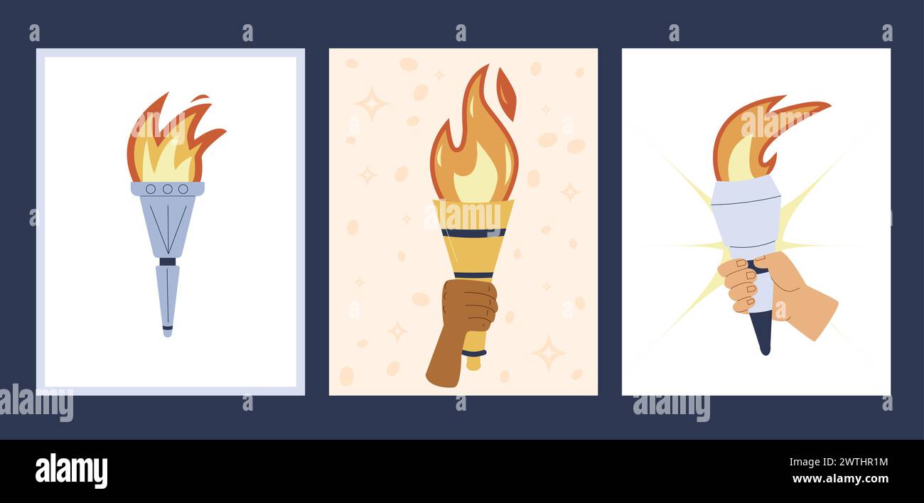 Fackeln mit brennender Flamme in Händen Karten Set. Symbol für Sport, Spiele, Sieg und Champion-Wettbewerb mit verschiedenen Menschen Race Palm. Vektor flach i Stock Vektor