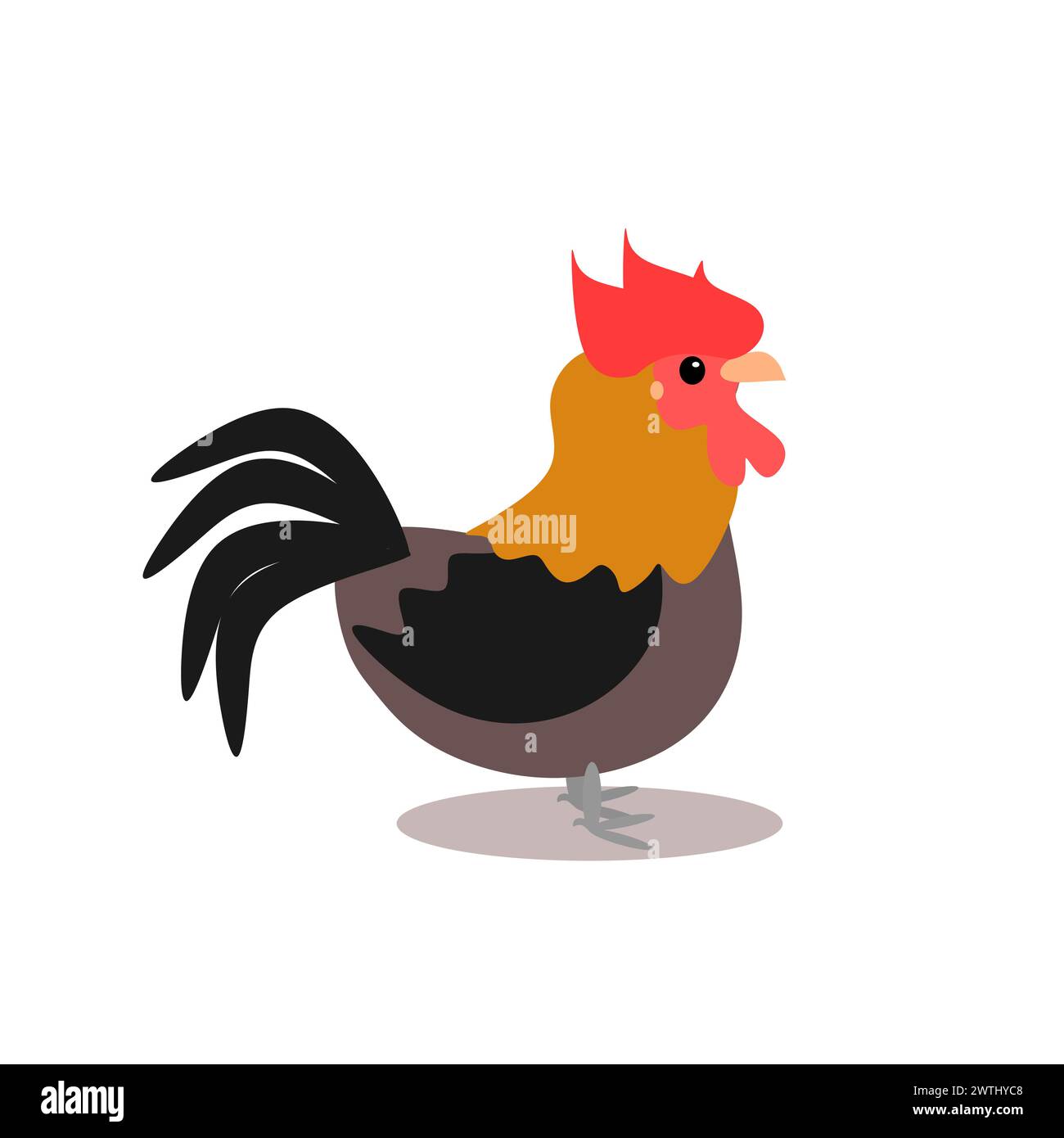 Niedlicher schwarzer Hahn-Zeichentrick, der isoliert auf weißem Hintergrund steht. Grafische Vektorillustration für Hühner Stock Vektor